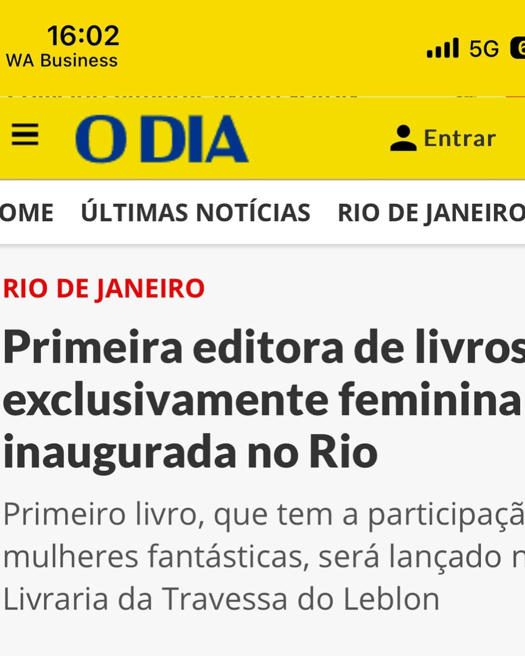 Capa da matéria no jornal O Dia