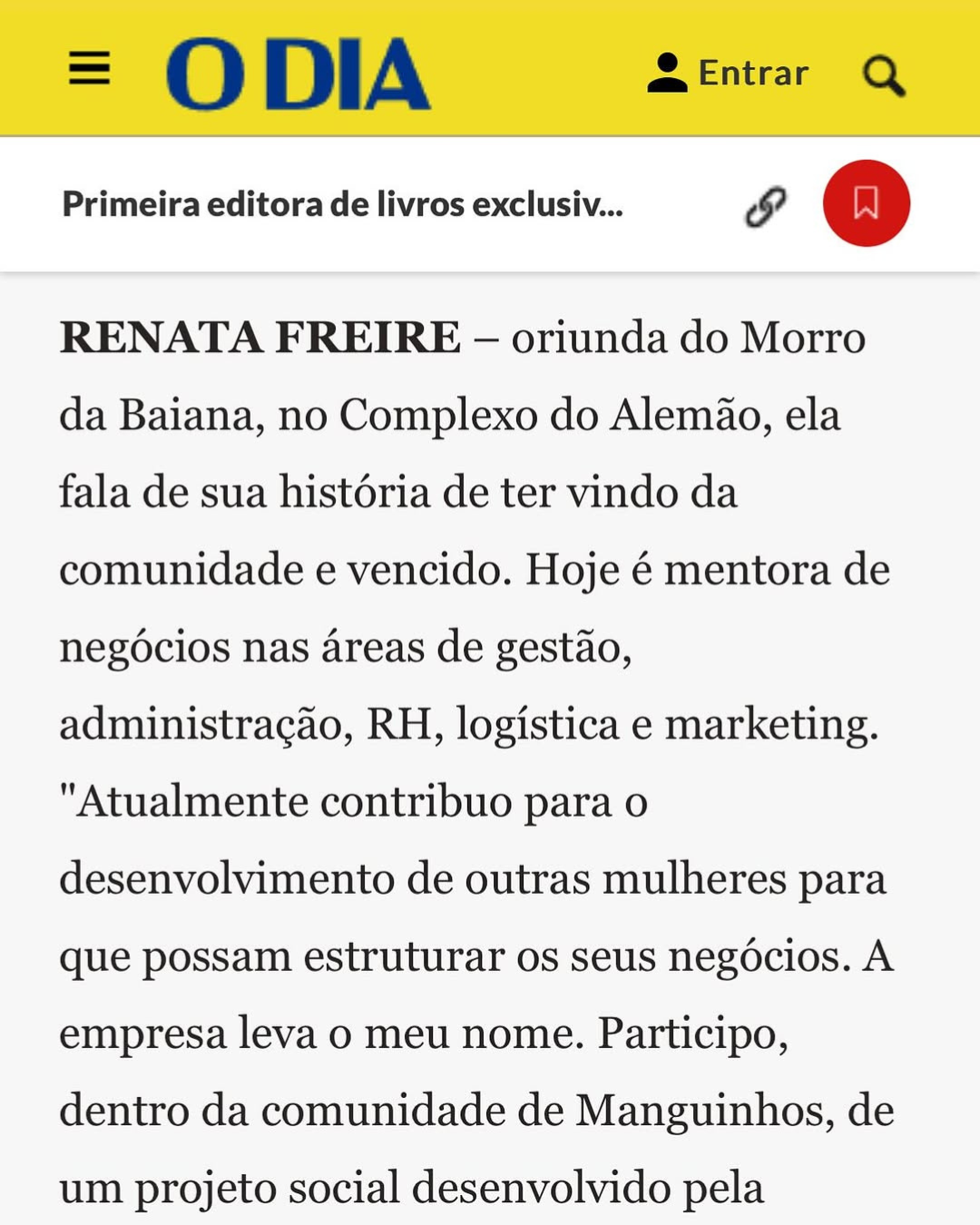 Trecho sobre a Renata no jornal O Dia